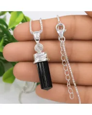 Black Tourmaline Crystal Pencil Pendant | 925 Sterling Silver Jewelry