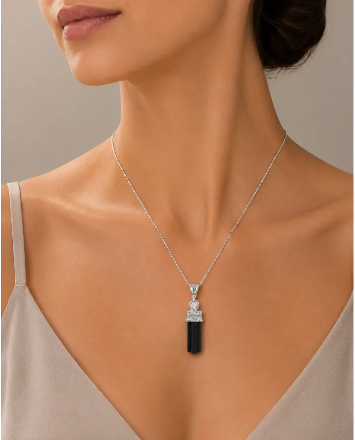 Black Tourmaline Crystal Pencil Pendant | 925 Sterling Silver Jewelry