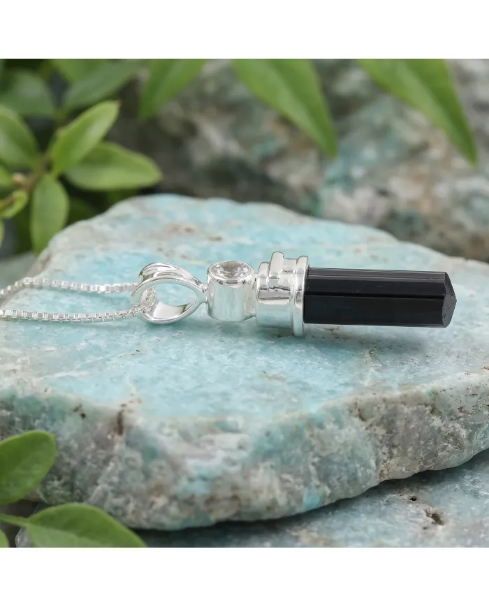 Black Tourmaline Crystal Pencil Pendant | 925 Sterling Silver Jewelry