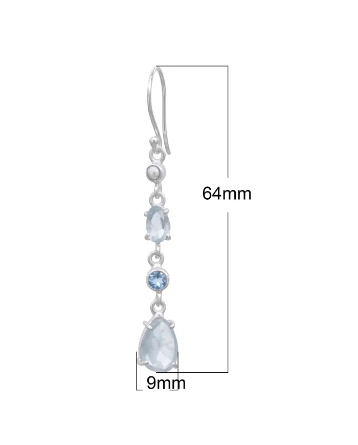 925 Sterling Silver Aquamarine Pearl & Swiss Blue Topaz Drop Earrings