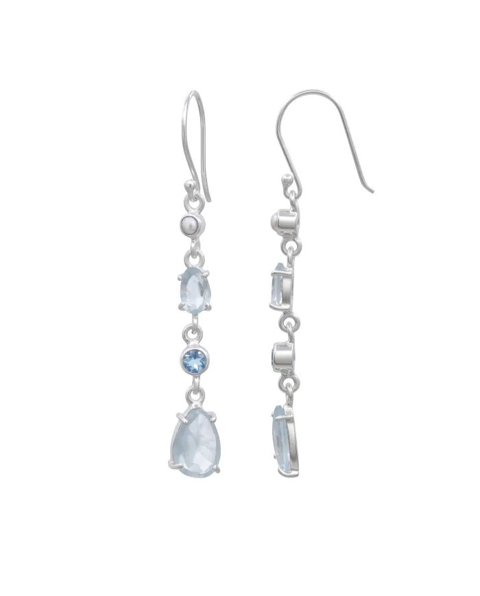925 Sterling Silver Aquamarine Pearl & Swiss Blue Topaz Drop Earrings