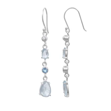 925 Sterling Silver Aquamarine Pearl & Swiss Blue Topaz Drop Earrings