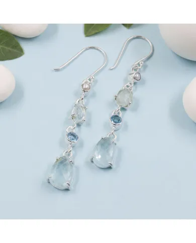 925 Sterling Silver Aquamarine Pearl & Swiss Blue Topaz Drop Earrings