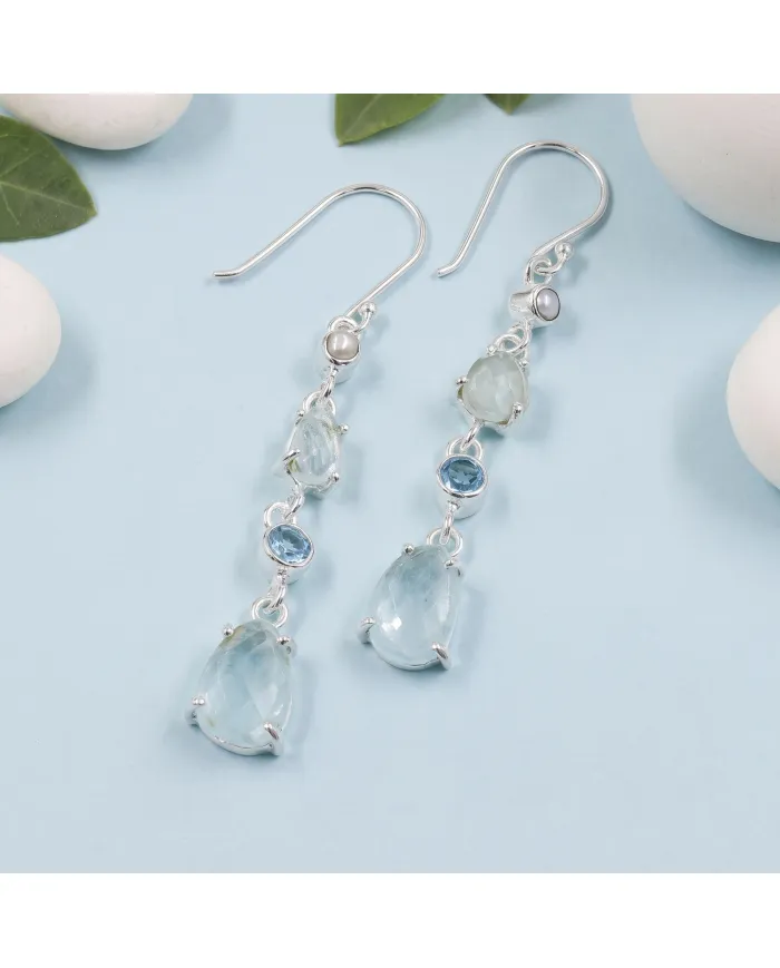 925 Sterling Silver Aquamarine Pearl & Swiss Blue Topaz Drop Earrings