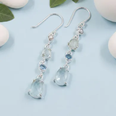 925 Sterling Silver Aquamarine Pearl & Swiss Blue Topaz Drop Earrings