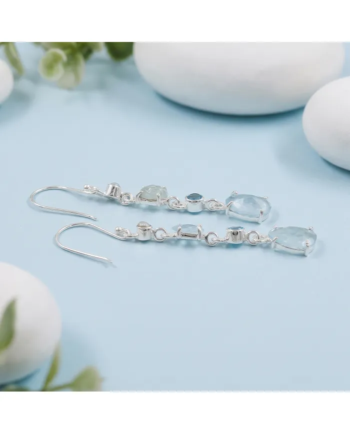 925 Sterling Silver Aquamarine Pearl & Swiss Blue Topaz Drop Earrings