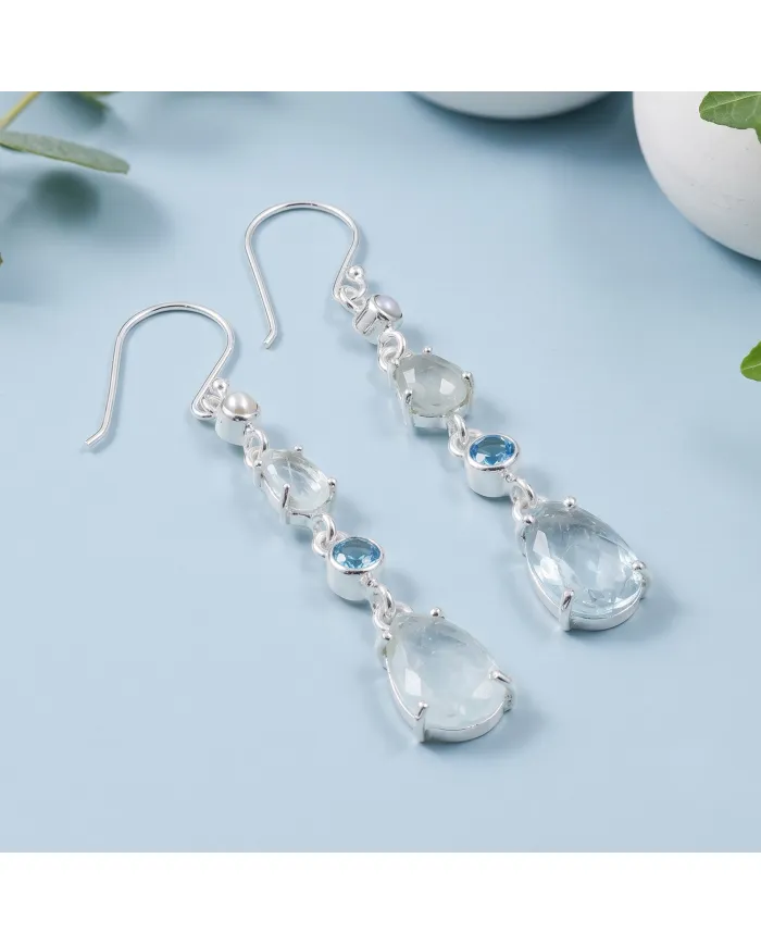 925 Sterling Silver Aquamarine Pearl & Swiss Blue Topaz Drop Earrings