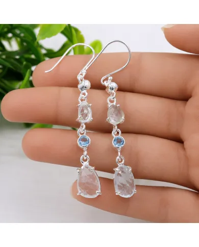 925 Sterling Silver Aquamarine Pearl & Swiss Blue Topaz Drop Earrings