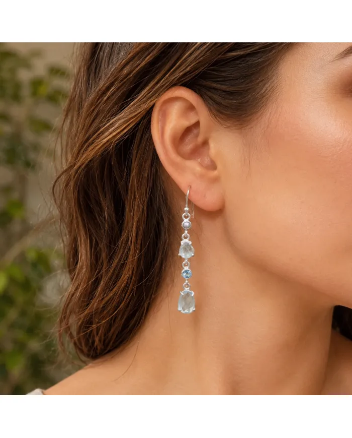 925 Sterling Silver Aquamarine Pearl & Swiss Blue Topaz Drop Earrings