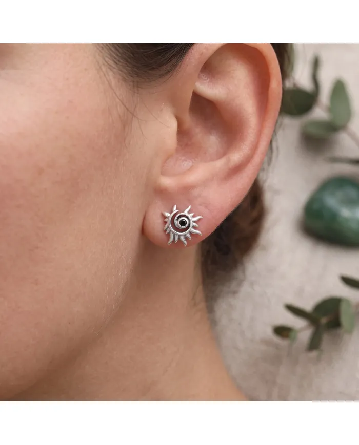 925 Sterling Silver Black Onyx Spiral Sunburst Stud Earrings for Women