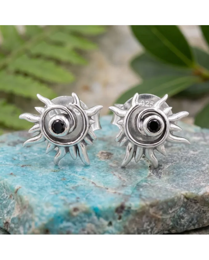 925 Sterling Silver Black Onyx Spiral Sunburst Stud Earrings for Women