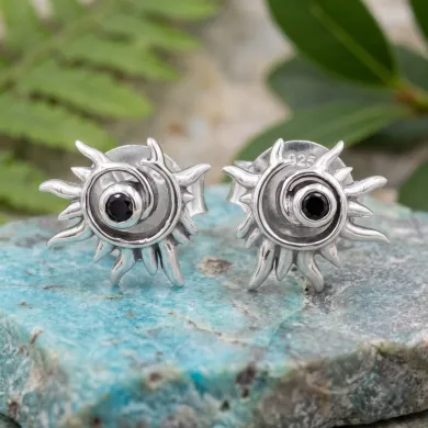 925 Sterling Silver Black Onyx Spiral Sunburst Stud Earrings for Women