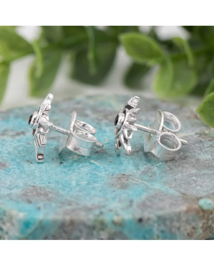 925 Sterling Silver Black Onyx Spiral Sunburst Stud Earrings for Women