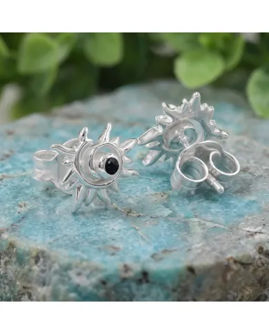 925 Sterling Silver Black Onyx Spiral Sunburst Stud Earrings for Women