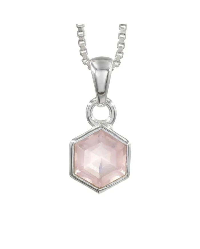 Hexagon Rose Quartz Pendant | 925 Sterling Silver Minimalist Jewelry