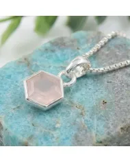 Hexagon Rose Quartz Pendant | 925 Sterling Silver Minimalist Jewelry