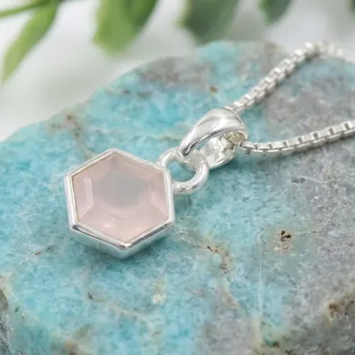 Hexagon Rose Quartz Pendant | 925 Sterling Silver Minimalist Jewelry