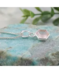 Hexagon Rose Quartz Pendant | 925 Sterling Silver Minimalist Jewelry