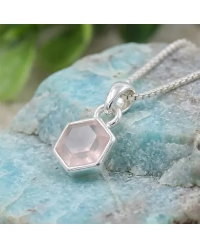 Hexagon Rose Quartz Pendant | 925 Sterling Silver Minimalist Jewelry
