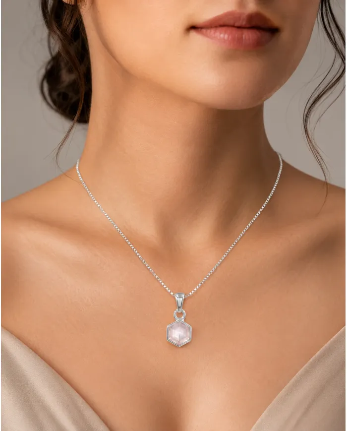 Hexagon Rose Quartz Pendant | 925 Sterling Silver Minimalist Jewelry