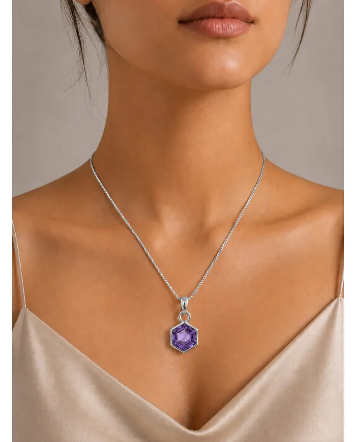 Hexagon Amethyst Pendant | 925 Sterling Silver Handmade Minimalist Jewelry