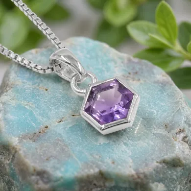 Hexagon Amethyst Pendant | 925 Sterling Silver Handmade Minimalist Jewelry