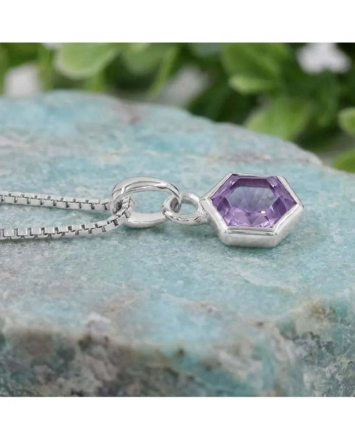 Hexagon Amethyst Pendant | 925 Sterling Silver Handmade Minimalist Jewelry