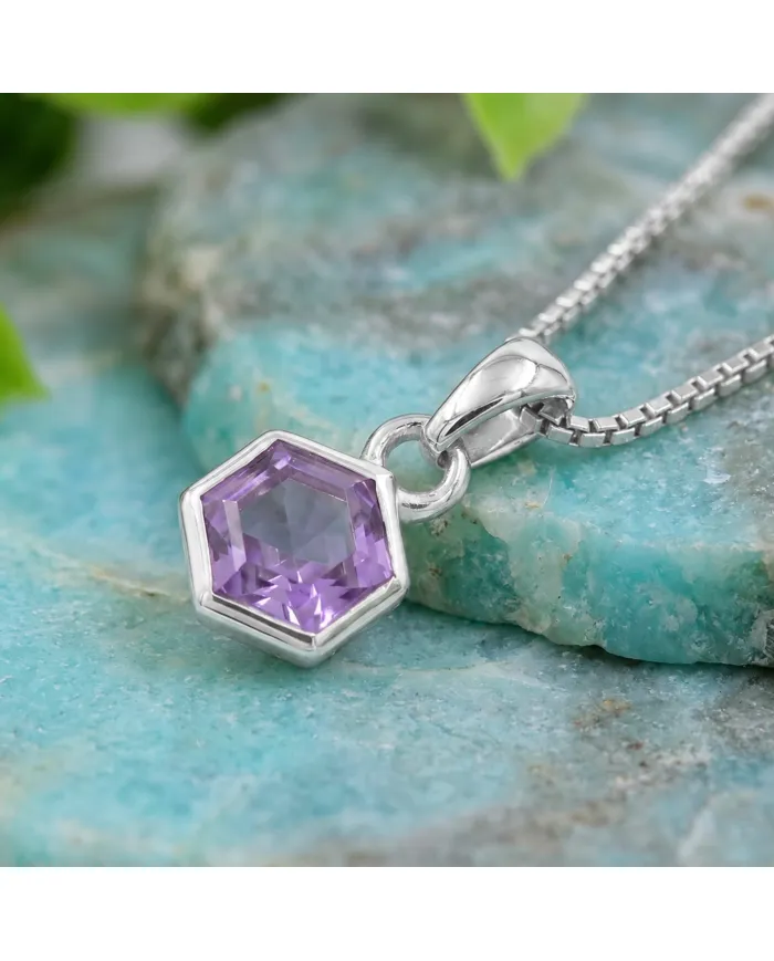 Hexagon Amethyst Pendant | 925 Sterling Silver Handmade Minimalist Jewelry