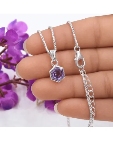 Hexagon Amethyst Pendant | 925 Sterling Silver Handmade Minimalist Jewelry