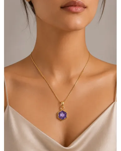 18k Gold Plated Amethyst Hexagon Pendant | Handmade Minimalist Jewelry