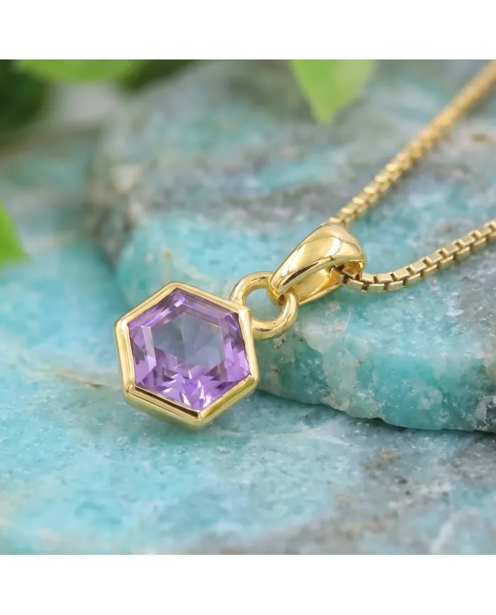 18k Gold Plated Amethyst Hexagon Pendant | Handmade Minimalist Jewelry