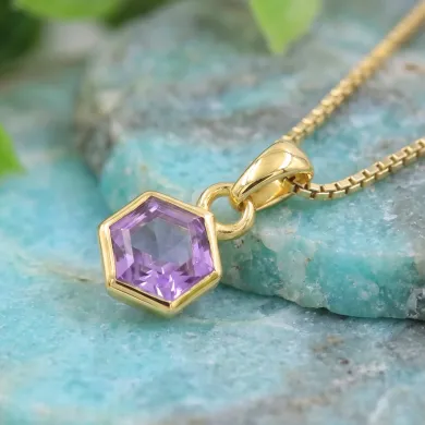 18k Gold Plated Amethyst Hexagon Pendant | Handmade Minimalist Jewelry