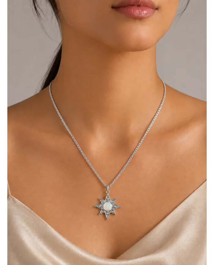 925 Sterling Silver Ethiopian Opal North Star Pendant Necklace