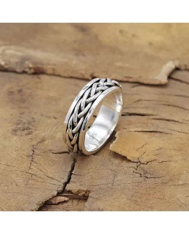 Handcrafted Twisted Wire Spinner Ring in Solid Sterling Silver - Unisex Fidget Thumb Ring Band Ring with Oxide Ring