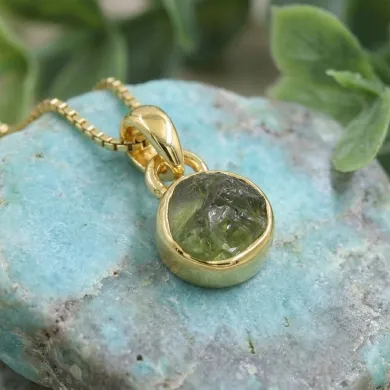 18K Gold-Plated Bezel-Set Raw Peridot Pendant Necklace