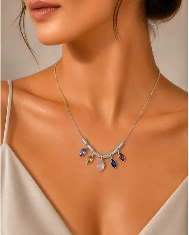 925 Sterling Silver Multi Gemstone Marquise Cut Statement Necklace
