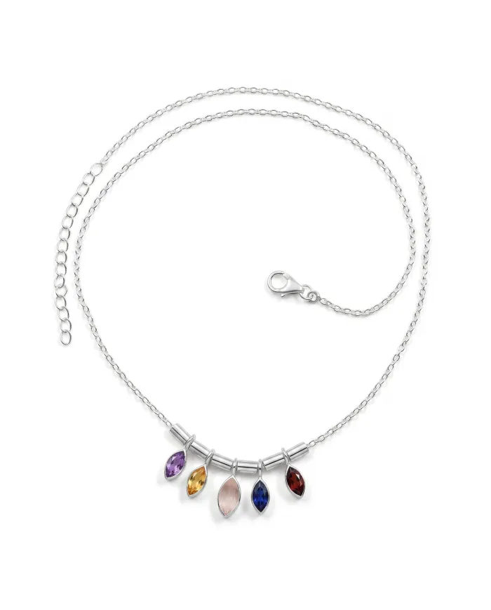 925 Sterling Silver Multi Gemstone Marquise Cut Statement Necklace