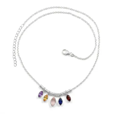 925 Sterling Silver Multi Gemstone Marquise Cut Statement Necklace