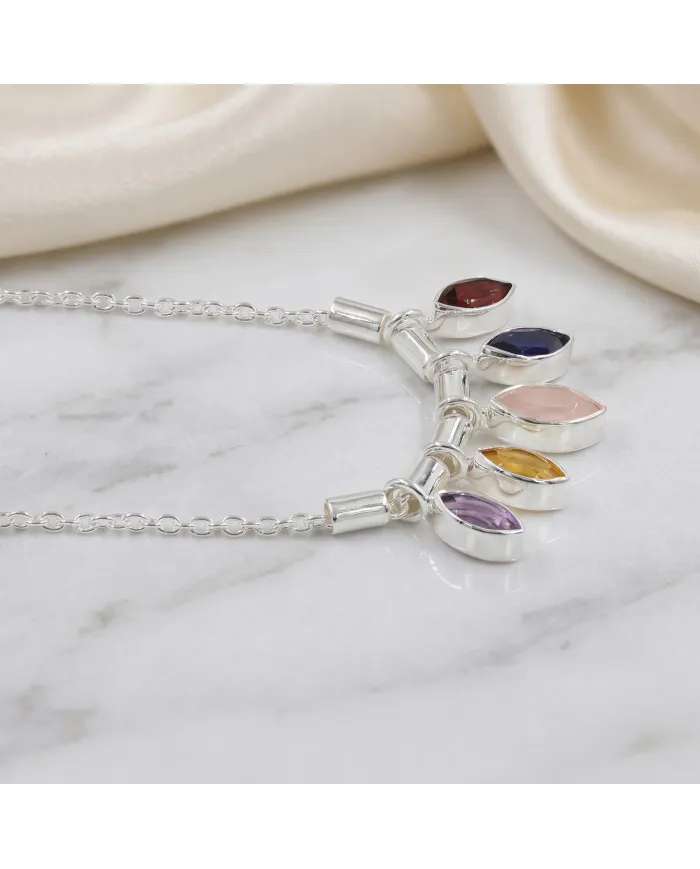 925 Sterling Silver Multi Gemstone Marquise Cut Statement Necklace