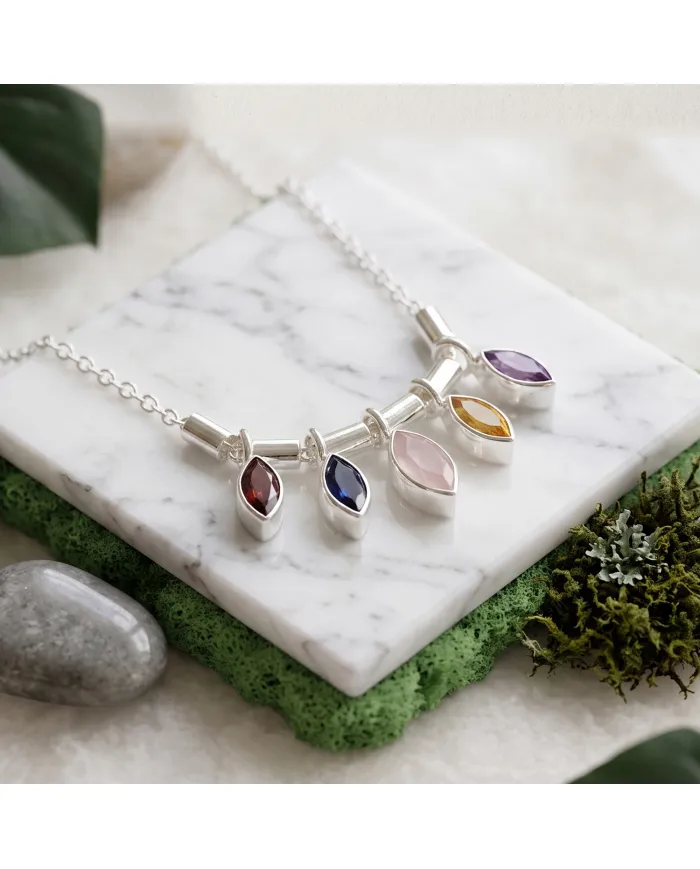 925 Sterling Silver Multi Gemstone Marquise Cut Statement Necklace