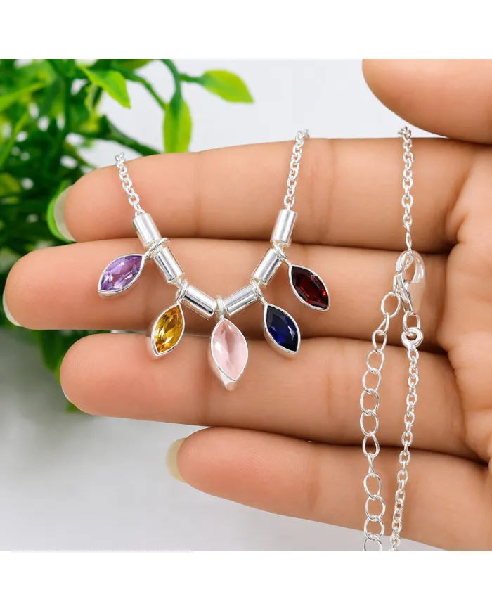 925 Sterling Silver Multi Gemstone Marquise Cut Statement Necklace