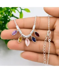 925 Sterling Silver Multi Gemstone Marquise Cut Statement Necklace