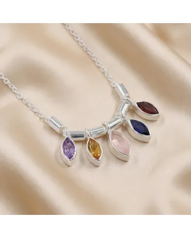 925 Sterling Silver Multi Gemstone Marquise Cut Statement Necklace