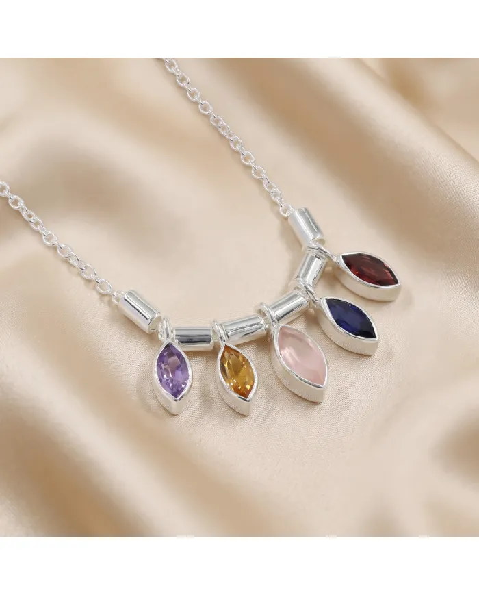 925 Sterling Silver Multi Gemstone Marquise Cut Statement Necklace