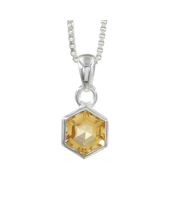 Hexagon Citrine Gemstone Pendant Necklace in 925 Sterling Silver