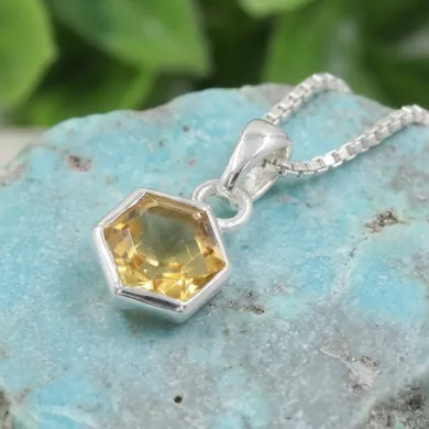 Hexagon Citrine Gemstone Pendant Necklace in 925 Sterling Silver