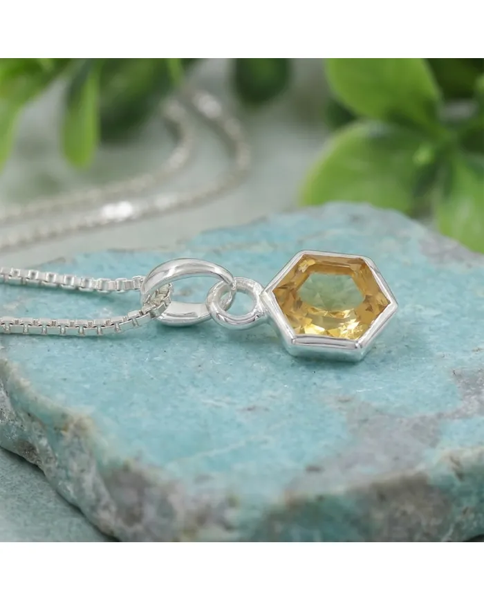 Hexagon Citrine Gemstone Pendant Necklace in 925 Sterling Silver