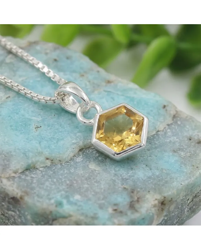 Hexagon Citrine Gemstone Pendant Necklace in 925 Sterling Silver