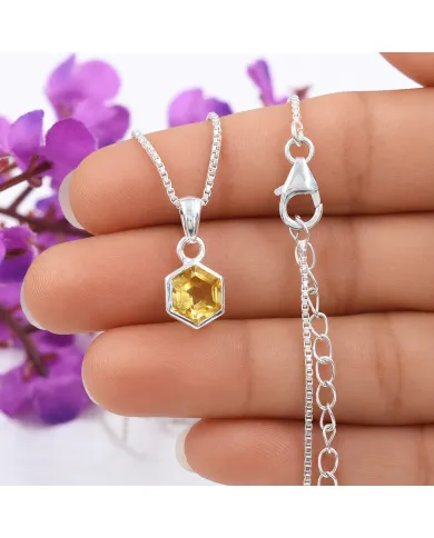 Hexagon Citrine Gemstone Pendant Necklace in 925 Sterling Silver