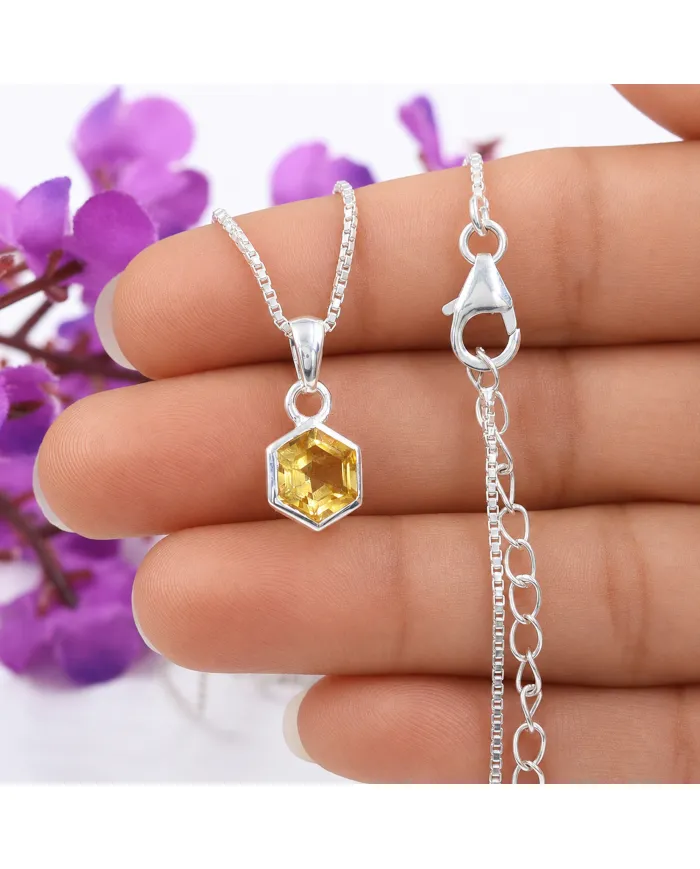 Hexagon Citrine Gemstone Pendant Necklace in 925 Sterling Silver